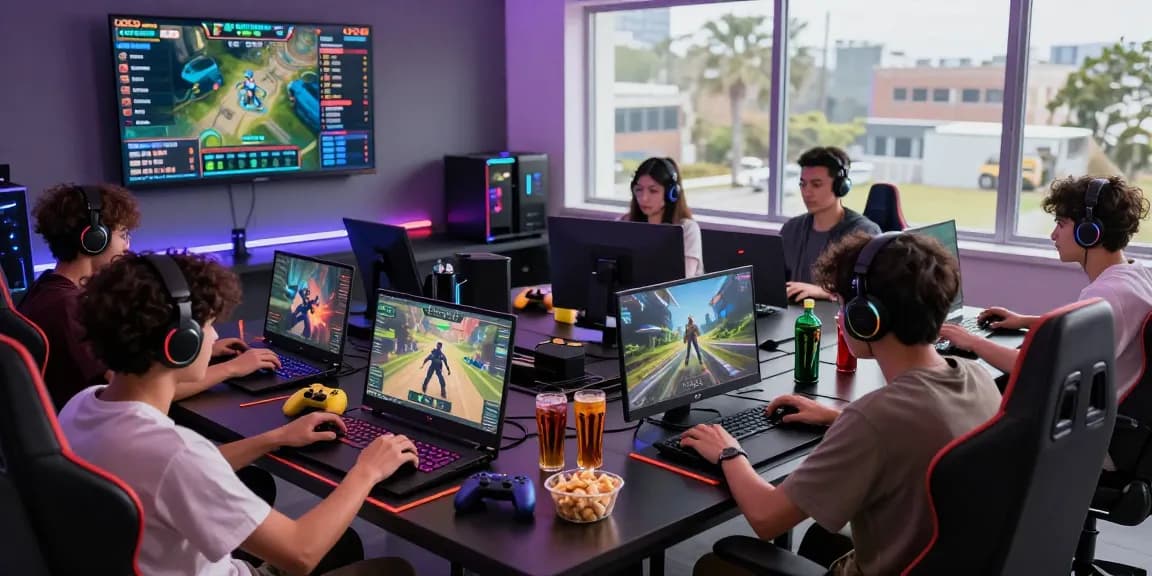 Engaged gamers enjoying rokok 88 on colorful devices in a lively gaming environment.