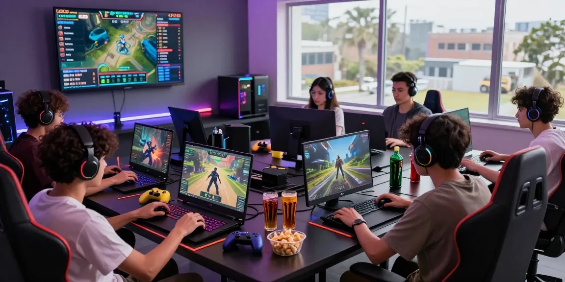 Engaged gamers enjoying rokok 88 on colorful devices in a lively gaming environment.