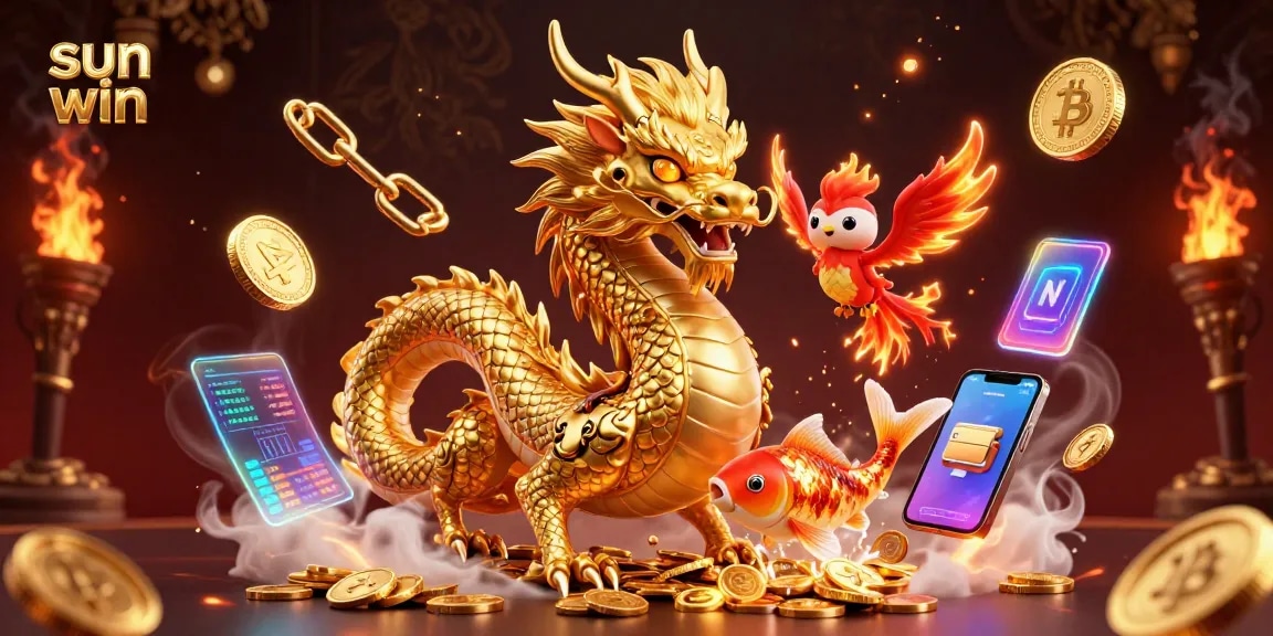 Experience thrilling action with sun win as a golden dragon, red phoenix, and koi fish dive into casino excitement.