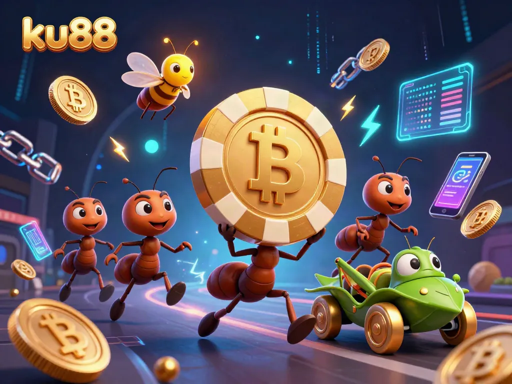 ku88 showcases a 3D cartoon scene with ants carrying large poker chips, symbolizing online gambling adventure.