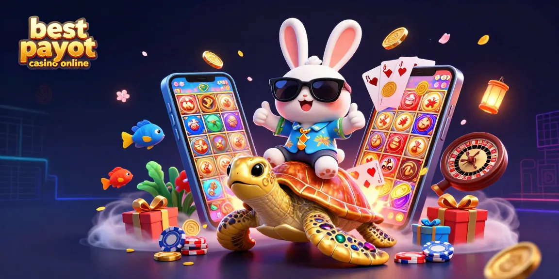 Experience the excitement at the best payout casino online with a lucky rabbit and golden turtle in a vibrant scene.