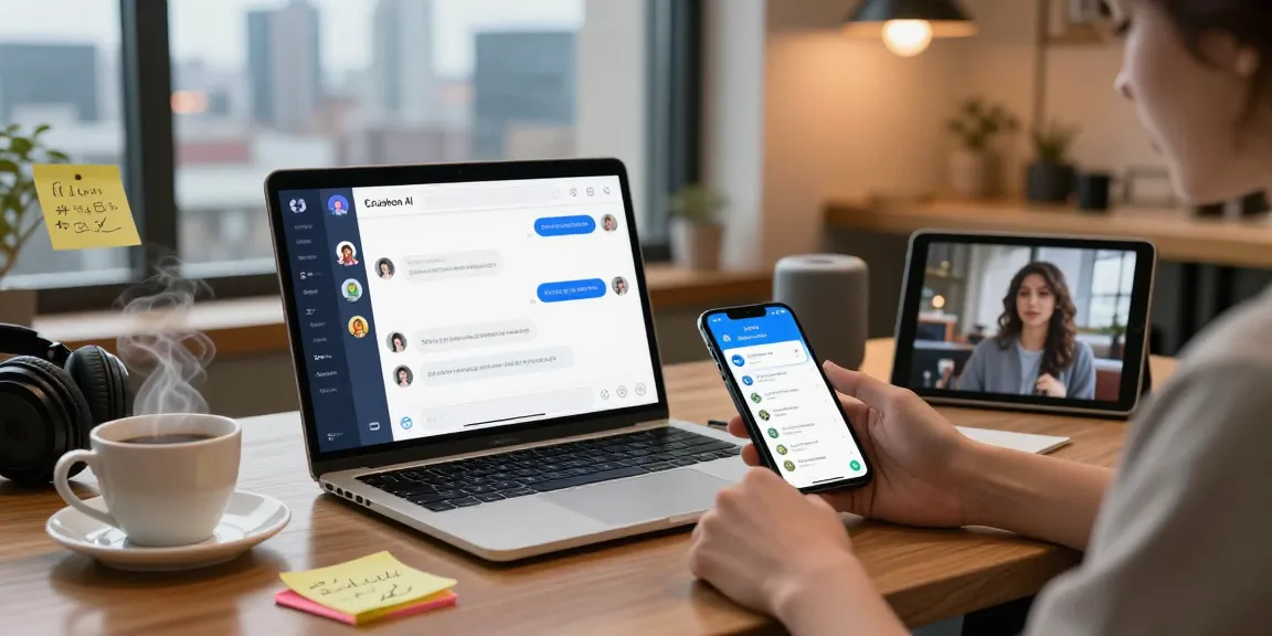 Interactive Crushon AI chat experience on various devices in a cozy workspace.