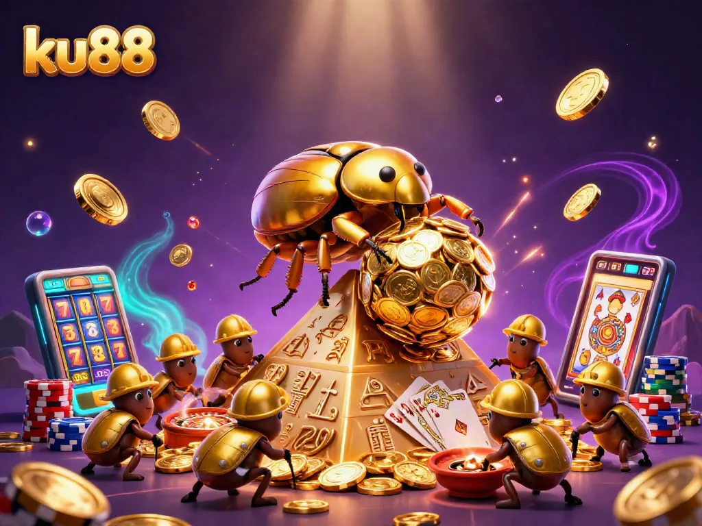 ku88 players winning big, a golden dung beetle rolls a massive jackpot up a pyramid