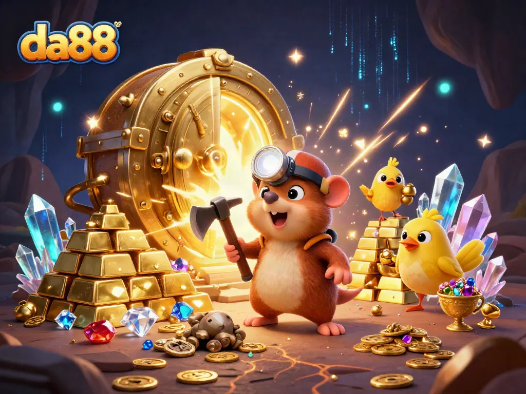 Engage in winning strategies with da88's vibrant casino scene, featuring a treasure-hunting mole and sparkling gems.