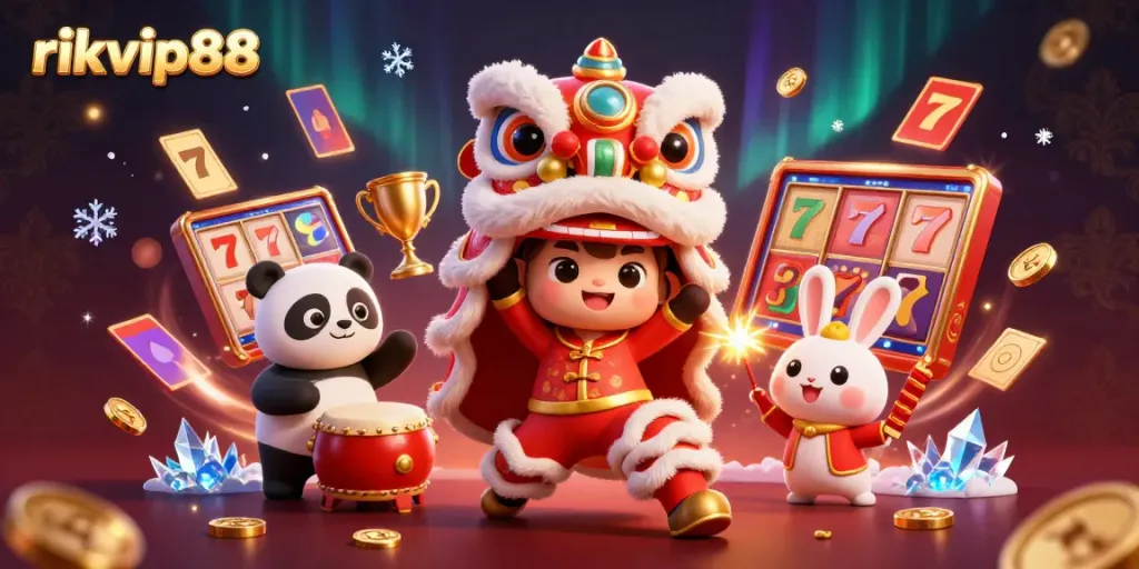 Engage in thrilling gameplay with rikvip88's vibrant 3D lion dance, slots, and casino elements.