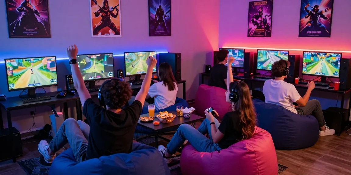 Friends enjoying a multiplayer porn game in a cozy gaming lounge with vibrant RGB lighting and immersive atmosphere.
