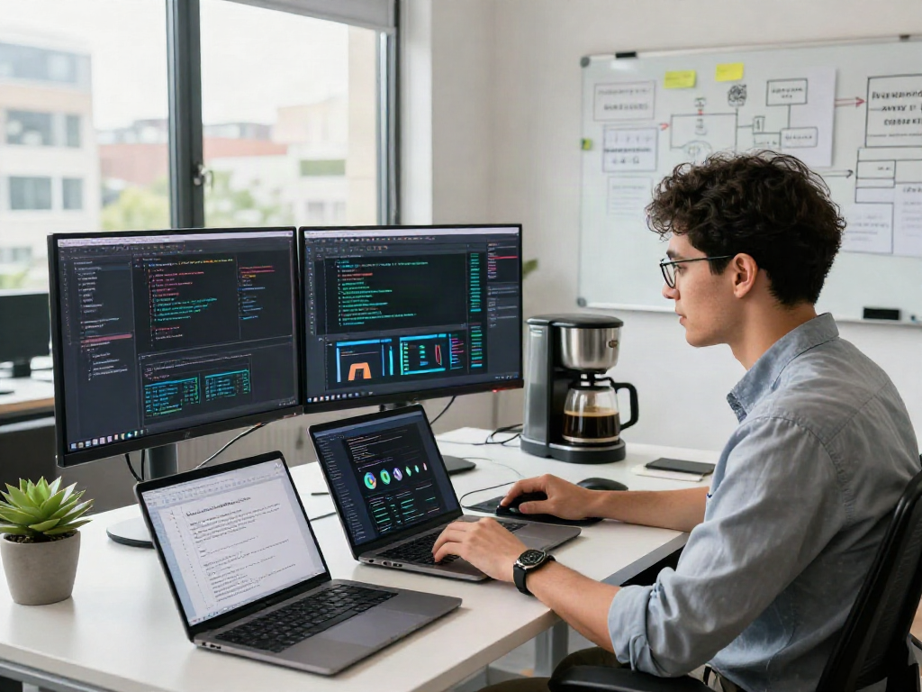Data scientist developing crush ai algorithms in a modern workspace filled with monitors and coding tools.