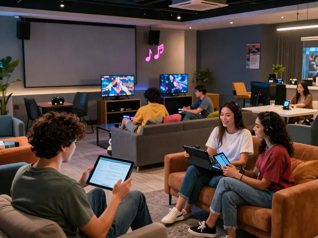 Group of friends experiencing the ROKOK88 login process at a modern entertainment lounge.