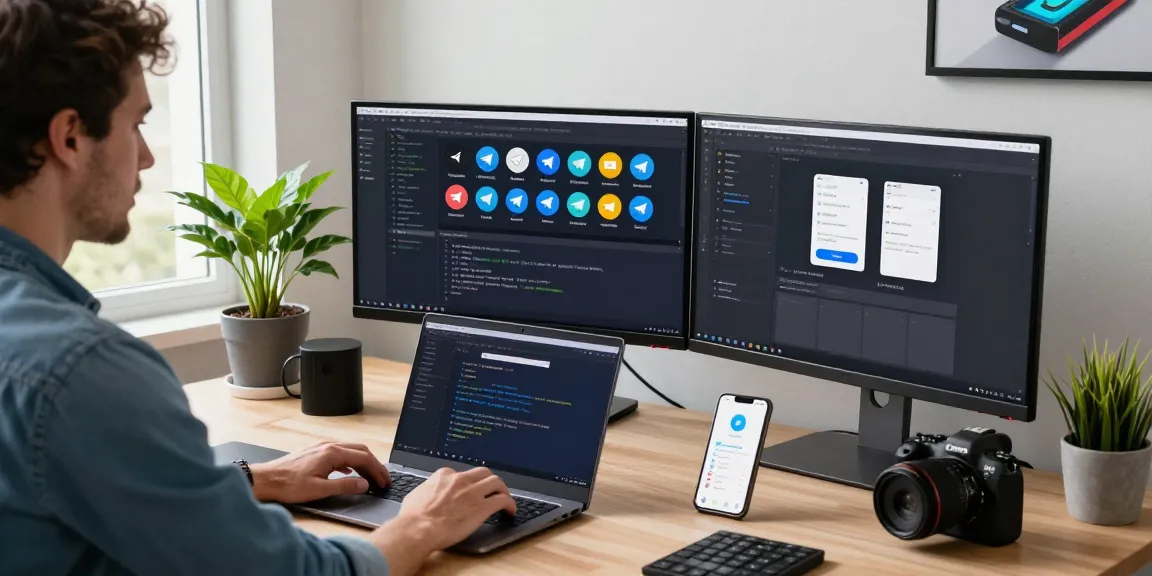 Efficient workspace focused on Telegram Download with multiple devices showcasing the app.