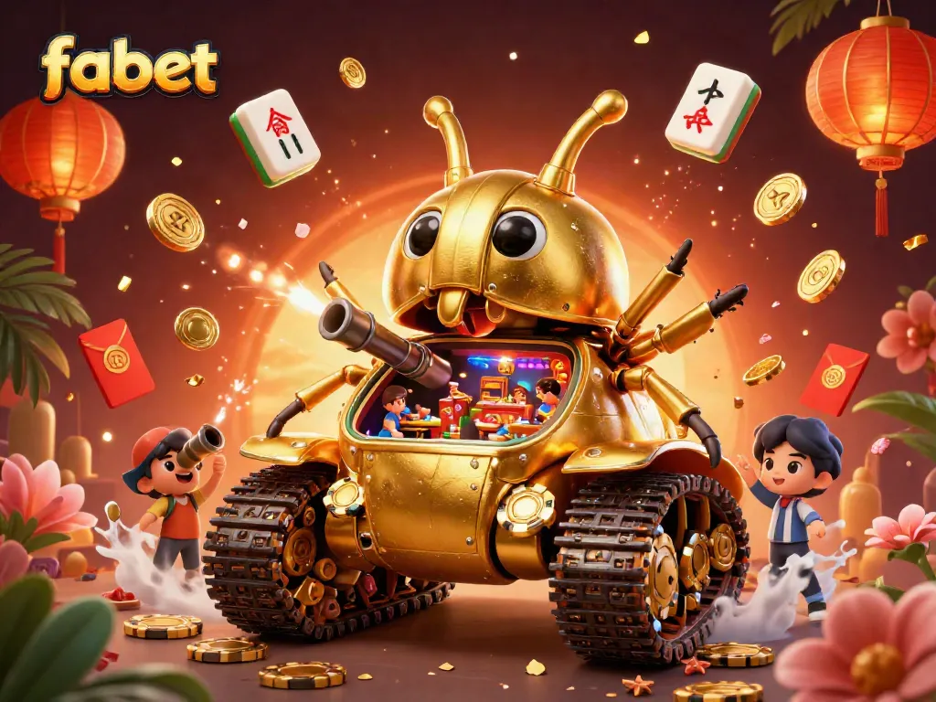 Experience vibrant gaming action with fabet's unique 3D casino scene, showcasing a golden beetle tank bursting with fun.