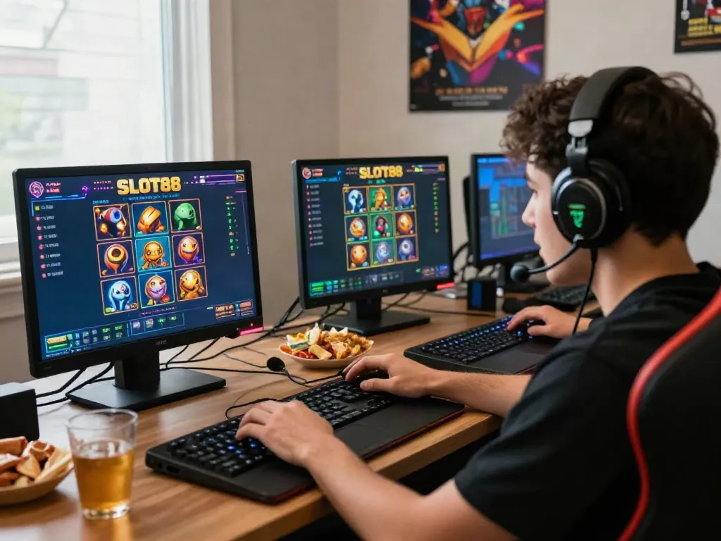 Player gaming on SLOT88 resmi platform with vibrant graphics and immersive setup