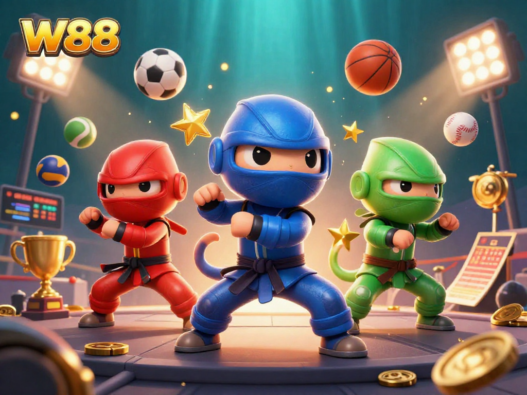 Experience W88 sports betting fun with dynamic ninja chameleons and immersive casino elements.