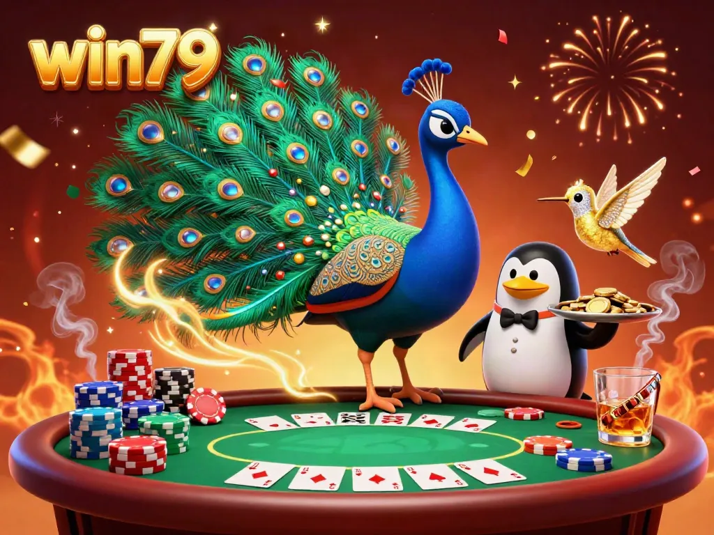 Engage with win79 as a colorful peacock, a butler penguin, and a hummingbird celebrate over a rich poker scene.