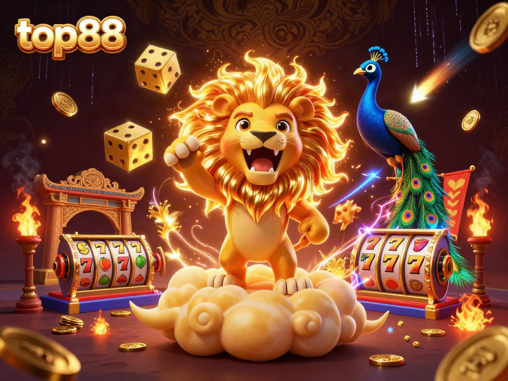 Experience top88 with a roaring lion, golden dice, and vibrant casino elements in a dynamic 3D scene.