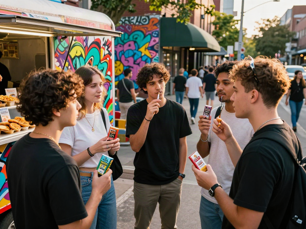 Youthful gathering discussing rokok88 smoking alternatives amidst vibrant street art.