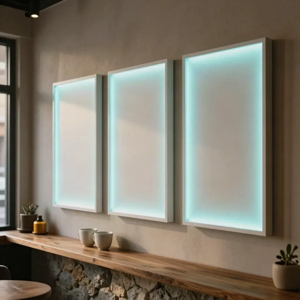 Three glowing wall panels in a café with stone counter, cups, and walnut shelf