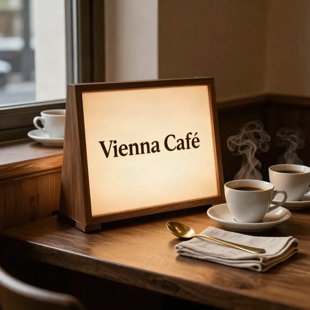 Glowing café wall art panel beside demitasse cups on walnut, with steam and a brass spoon.
