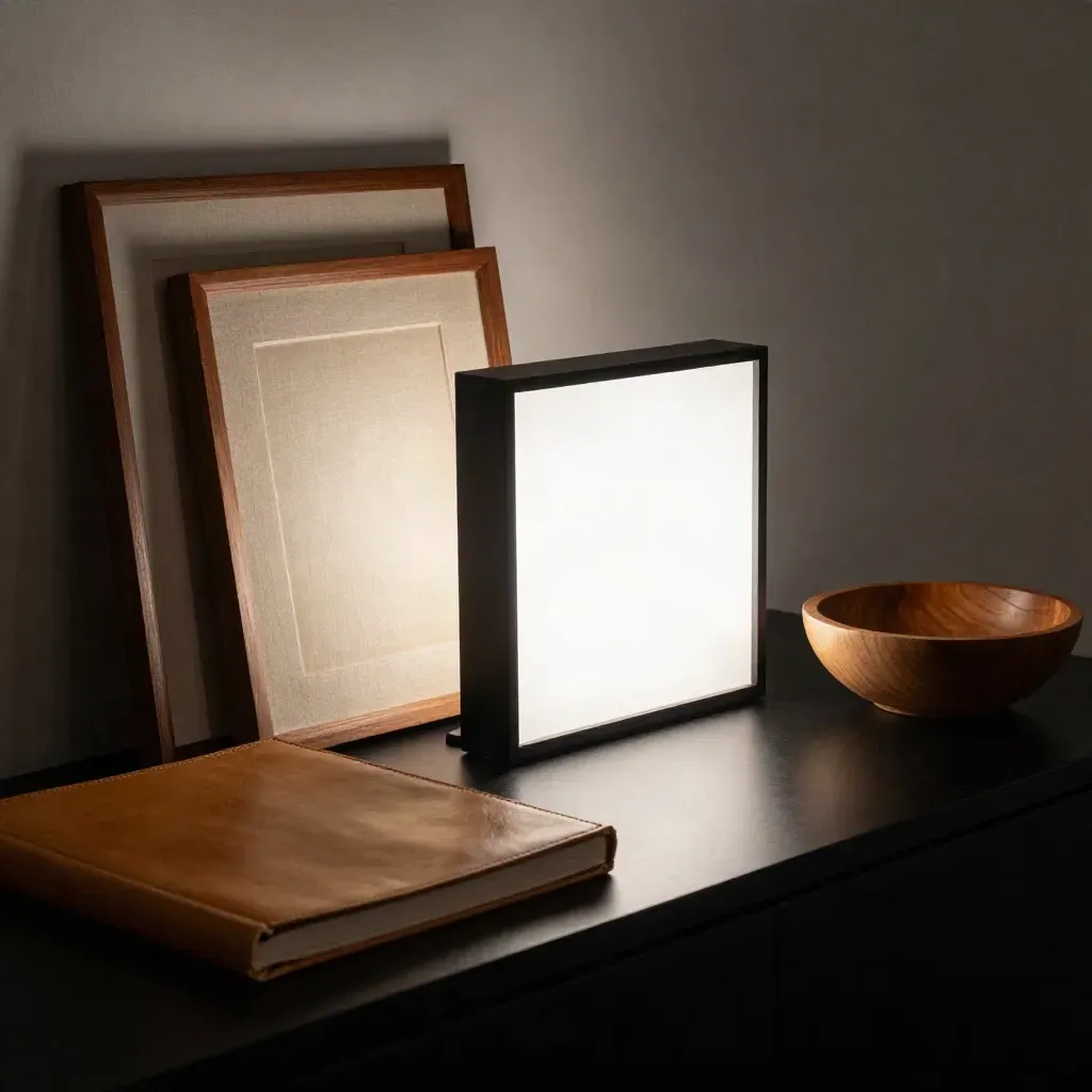 Illuminated lightbox beside stacked frames, leather album, and carved oak bowl on a dark studio surface.