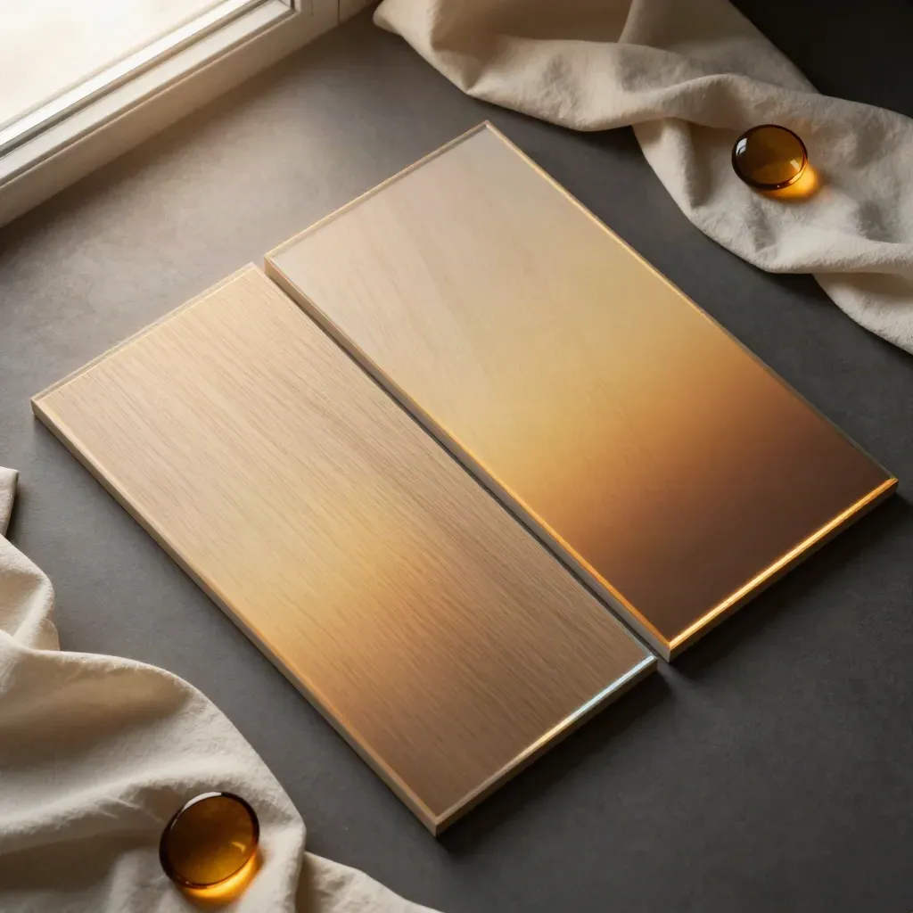Amber LED print duo on pale oak with glass accents and folded cream textile