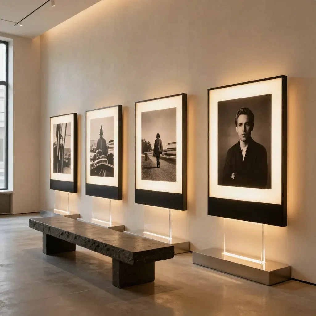 Glowing LED photo panels on stone and acrylic blocks in a sleek showroom corner.