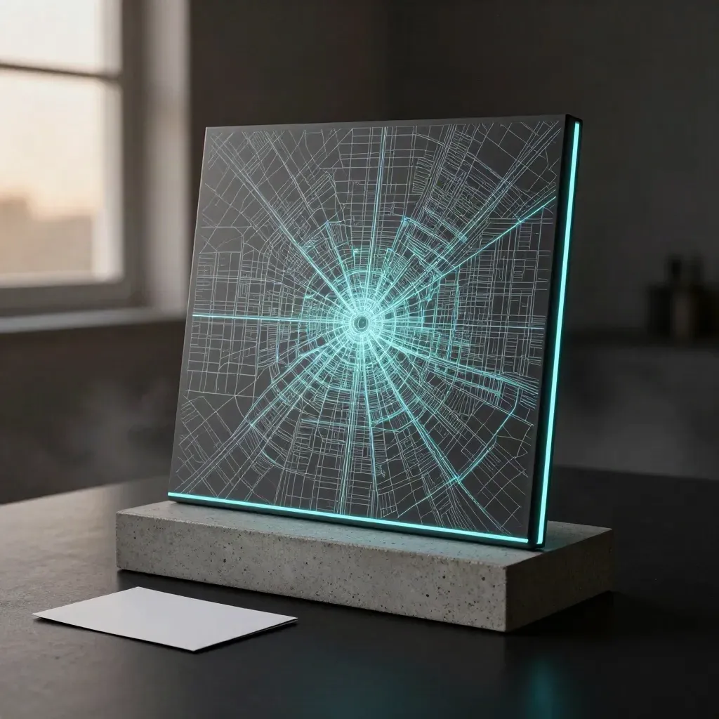 Illuminated city-map wall art on concrete with cyan glow, stone chips, and a folded matte sheet.