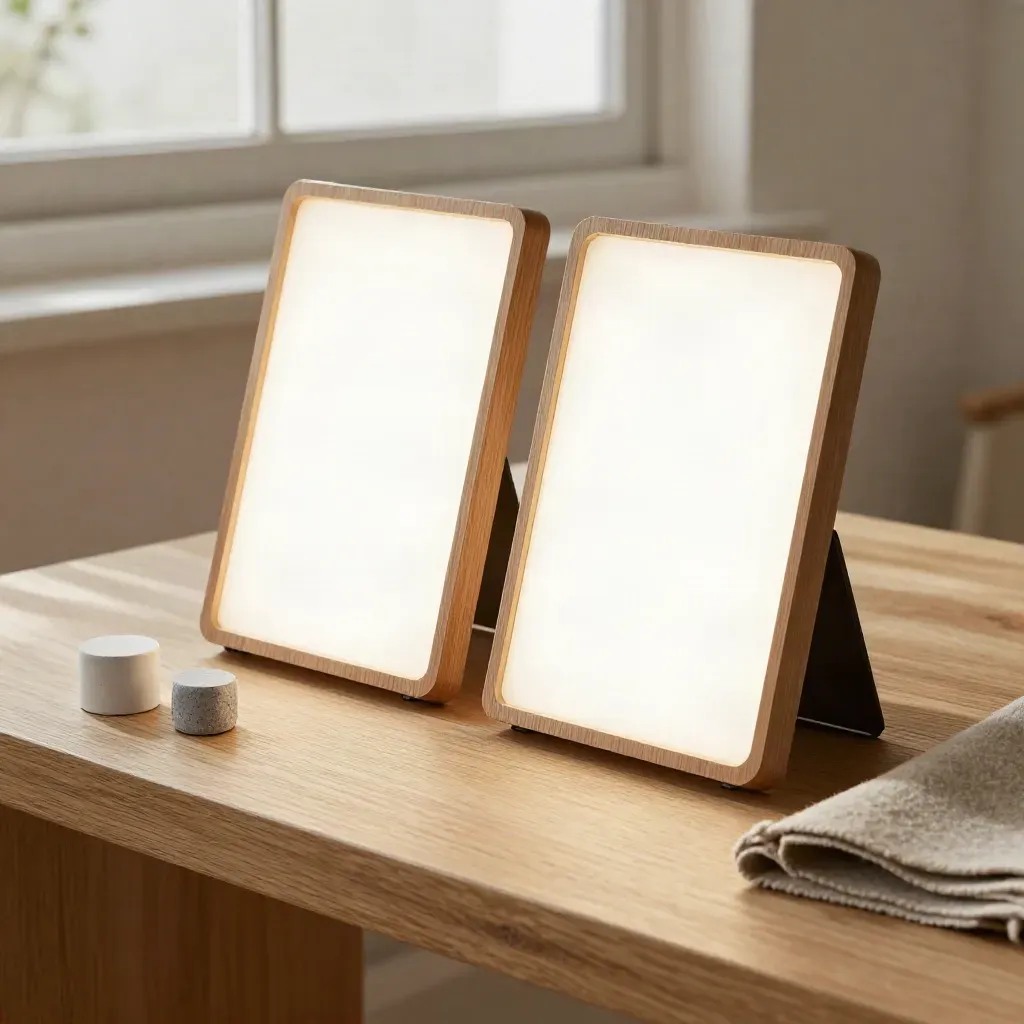 Two glowing wall frames on an oak bench with ceramic cylinders and a wool swatch