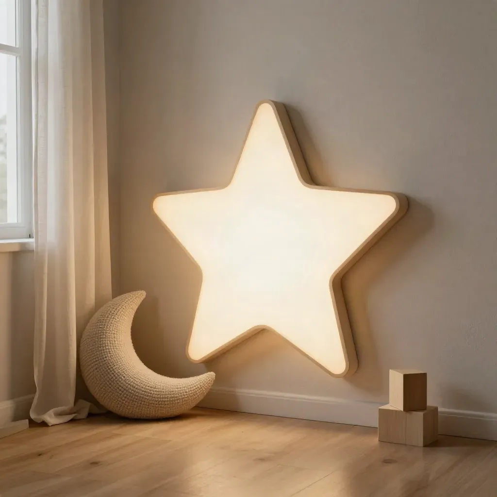 Glowing star panel in a calm nursery corner with moon cushion, birch blocks and gauzy curtain.