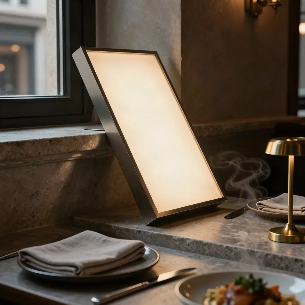 Glowing restaurant menu lightbox in a dark dining alcove with plates, napkins, and steam.