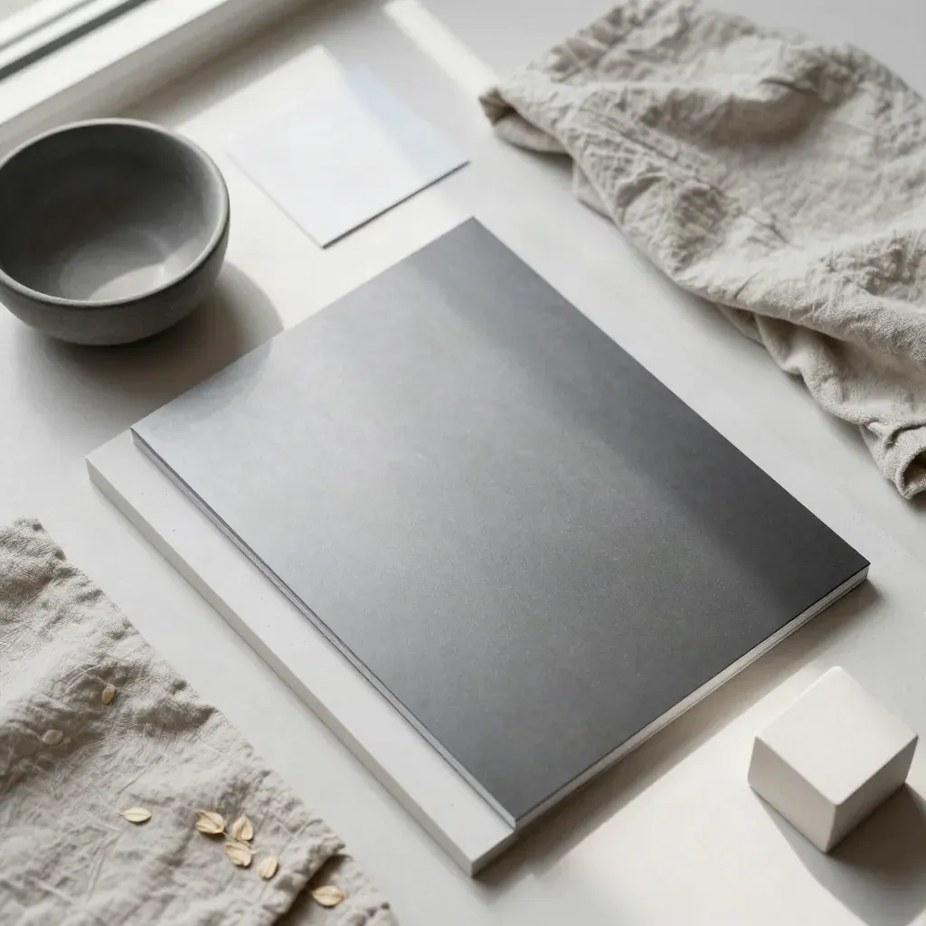Overhead flatlay of a monochrome photo panel with graphite bowl, linen and plaster cube on cool plaster.