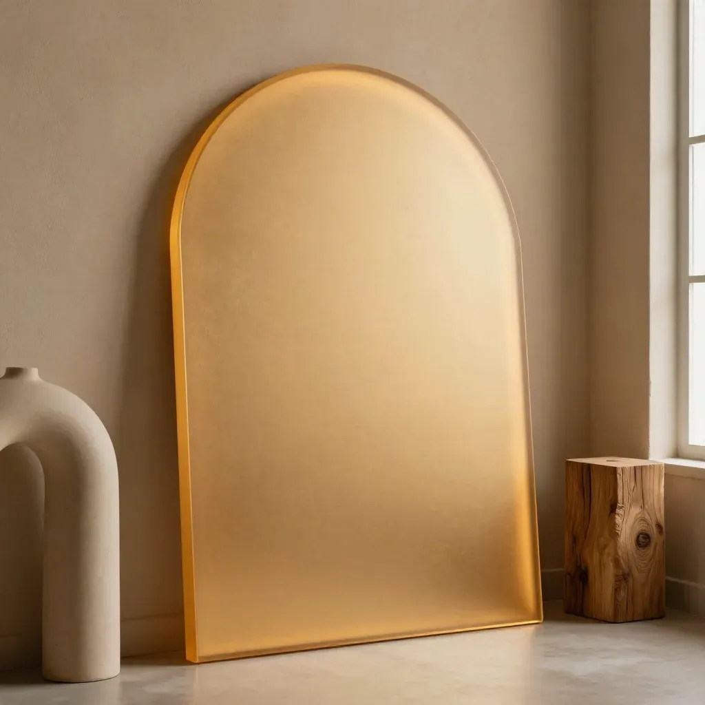 Amber arch wall art glowing against plaster beside a ceramic form and wood block
