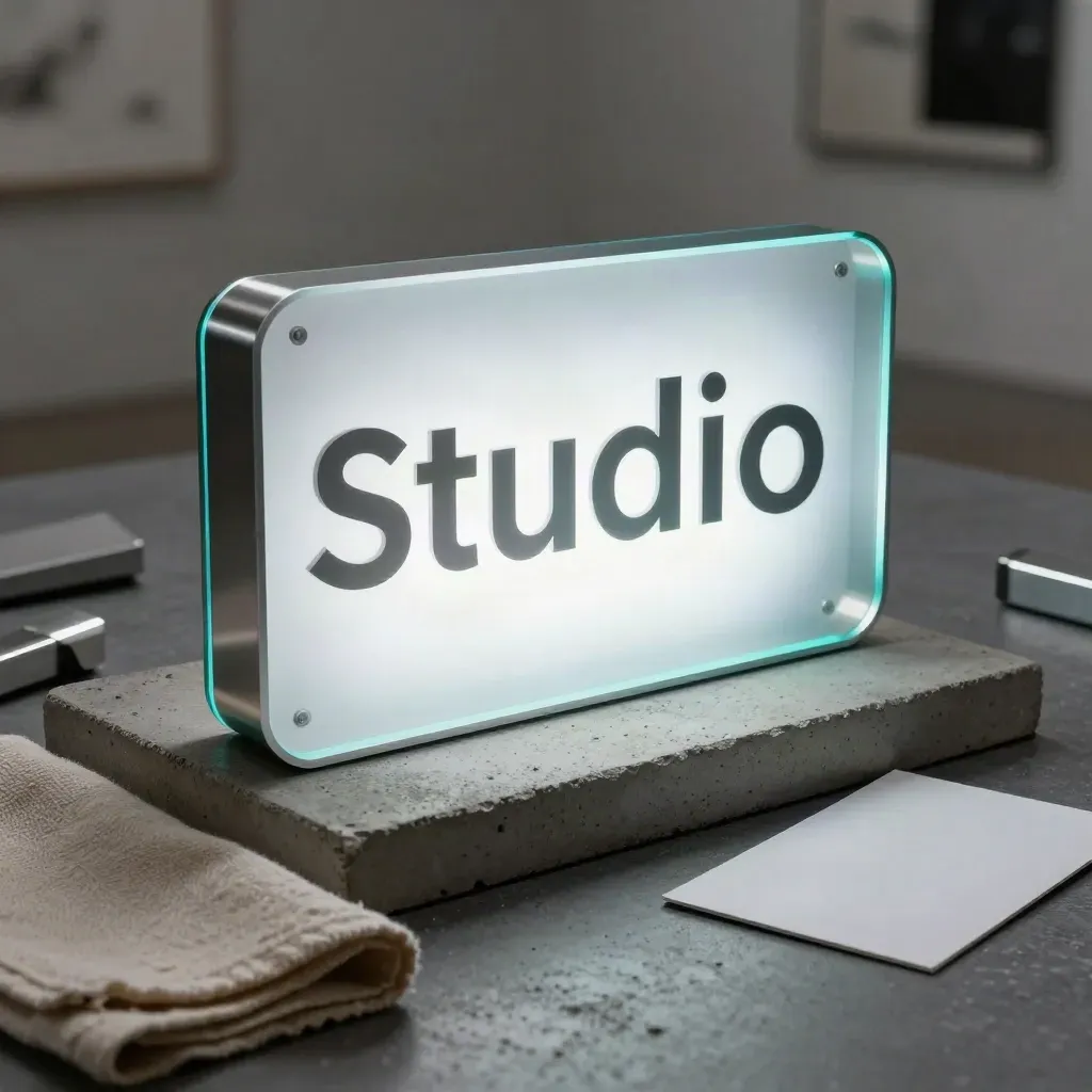 Cyan-lit custom sign panel on concrete with brushed metal offcuts and folded cloth.