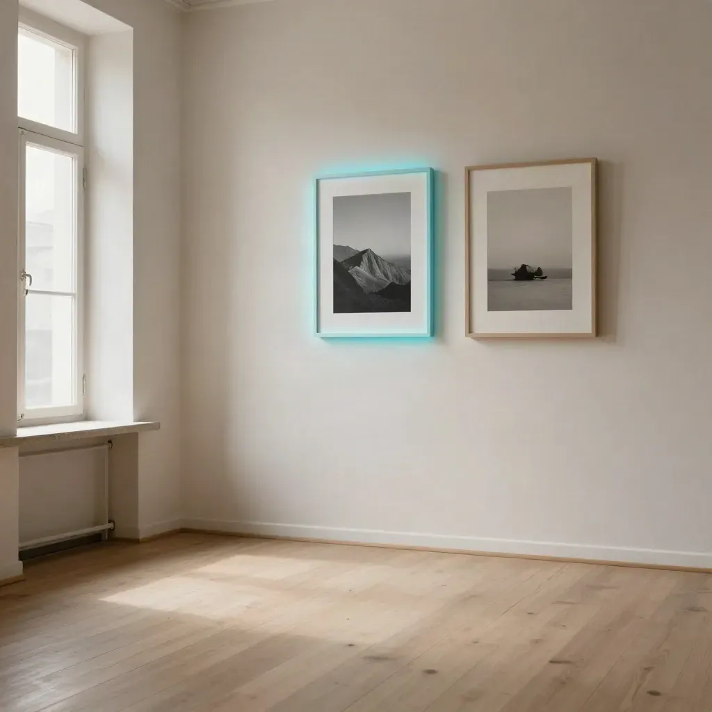 Sunlit plaster loft with glowing wall art high above a calm empty floor.
