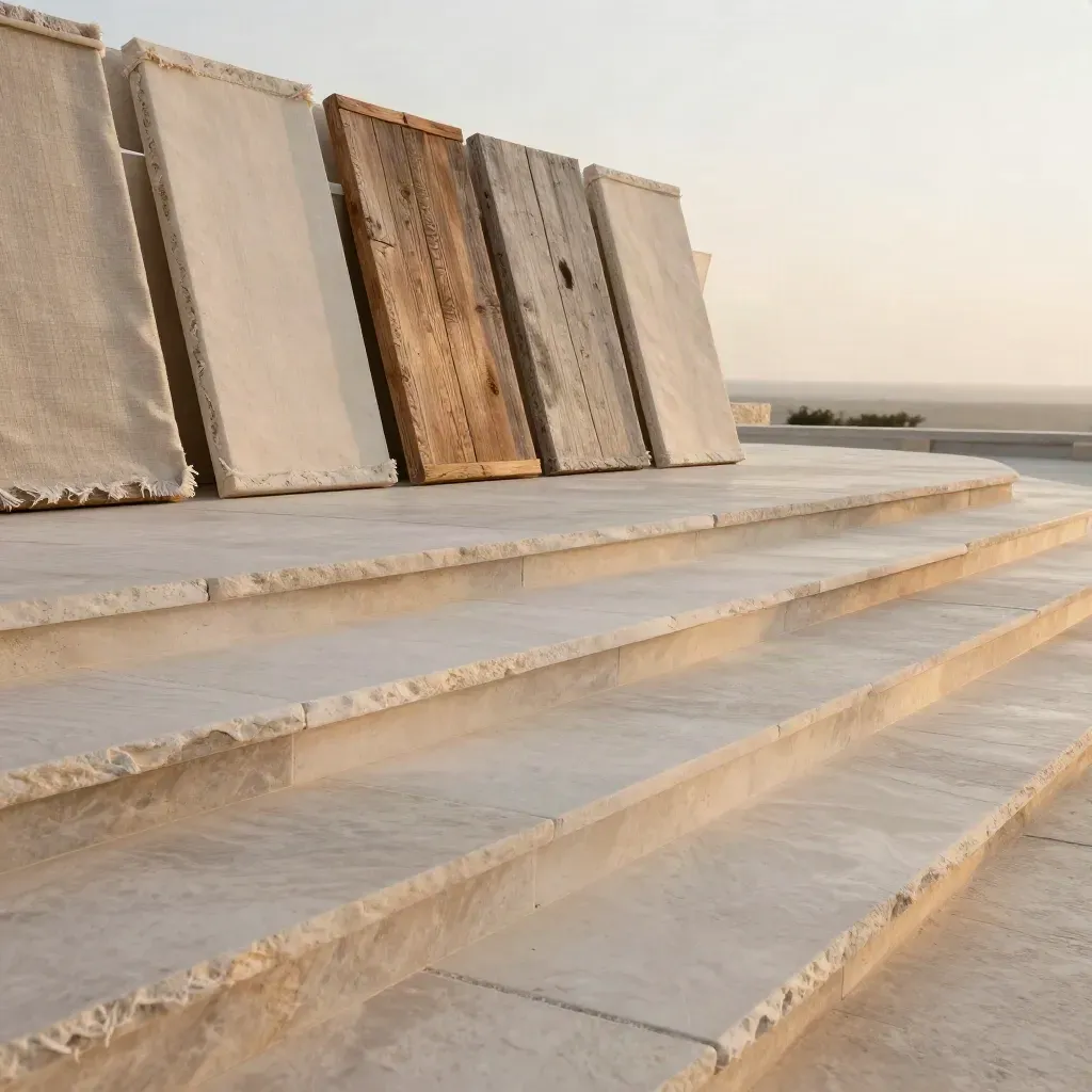 Sunlit limestone terrace with leaning canvas panels and warm haze at golden hour.