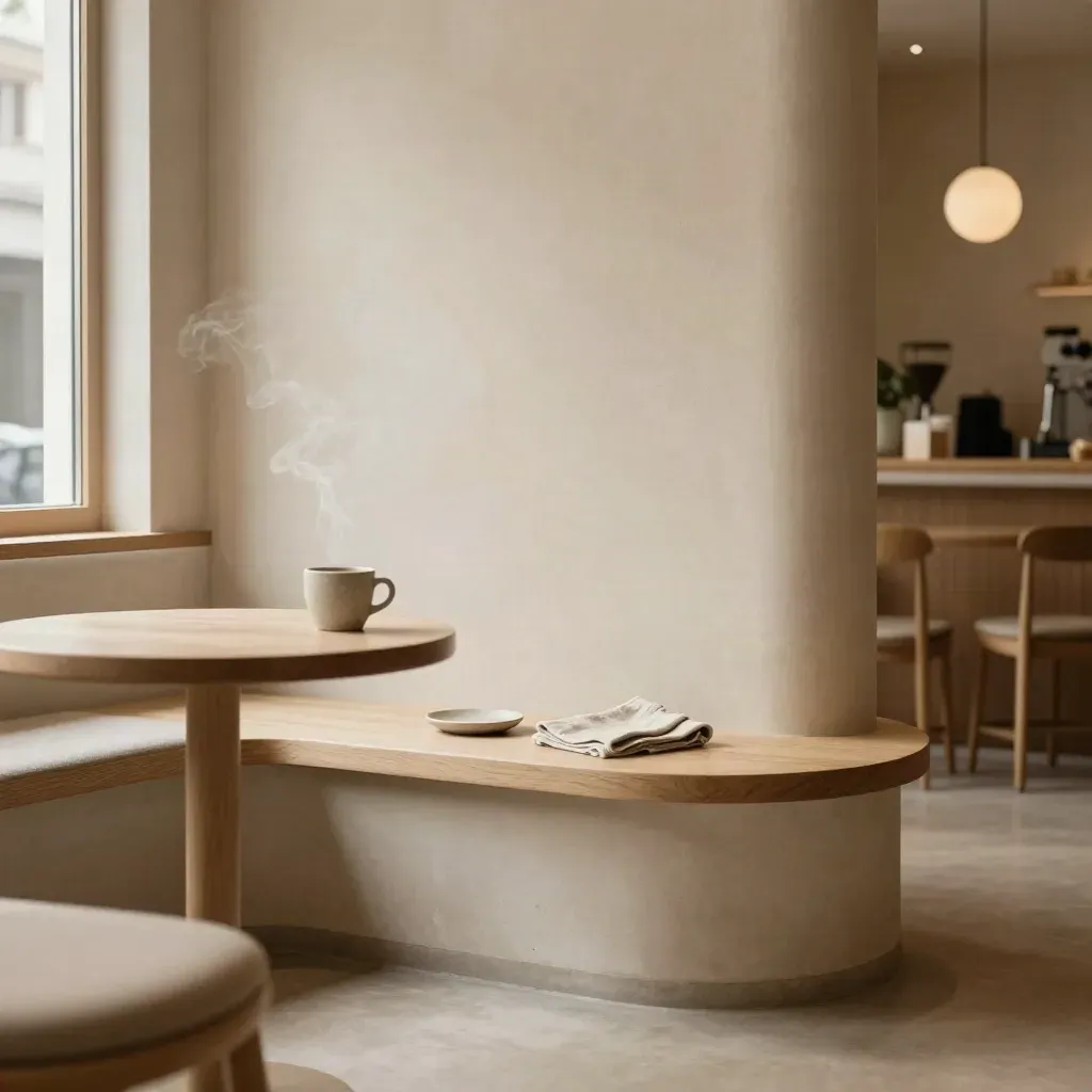Curved café-office banquette with steam, pendant glow, and calm copy space.