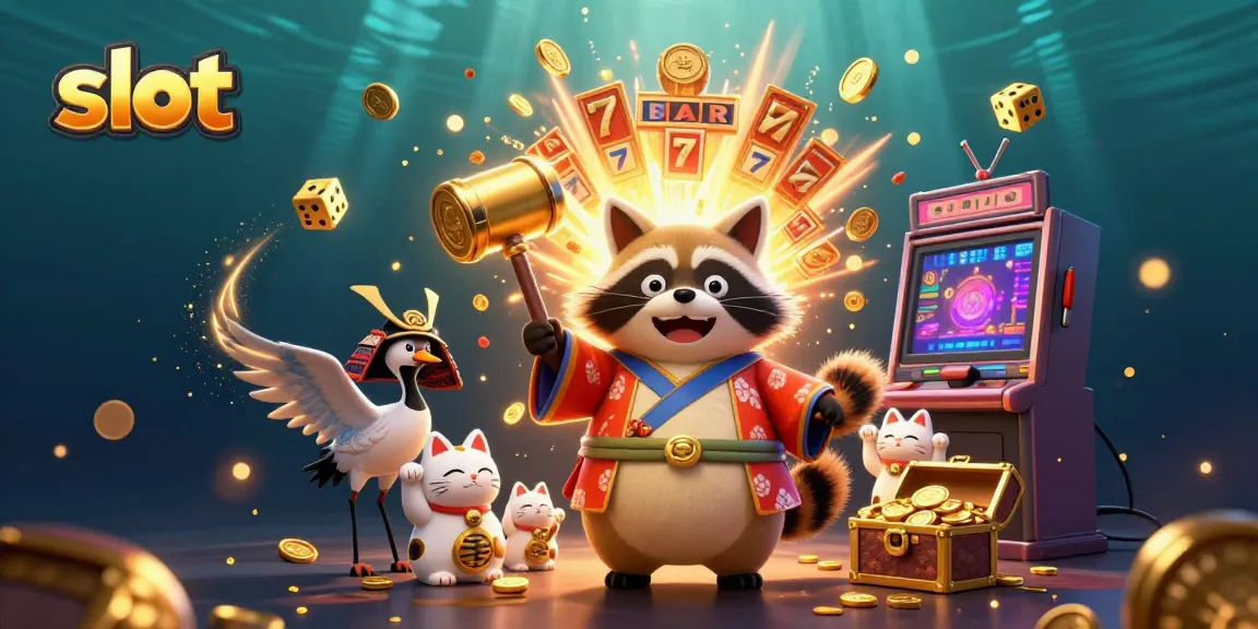 Experience thrilling slot action with a vibrant scene of a cheerful tanuki and jackpot-winning elements.