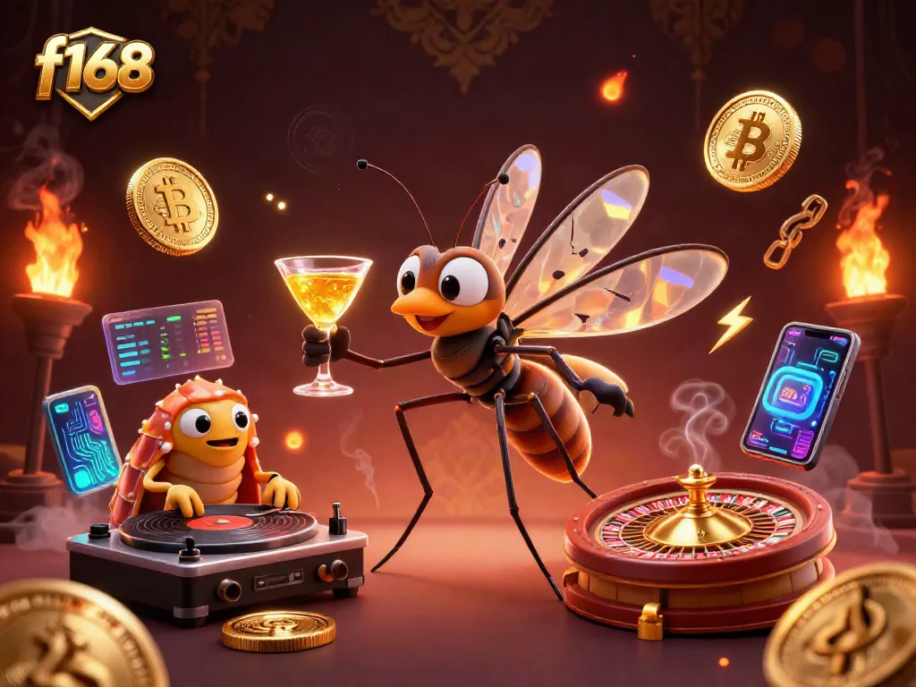 Experience f168 excitement with a casino mascot and unique characters in a vibrant gaming scene.