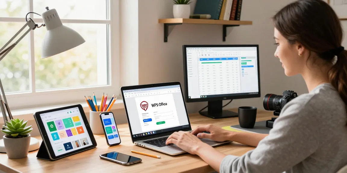 Download WPS Office on a laptop in a vibrant tech workspace