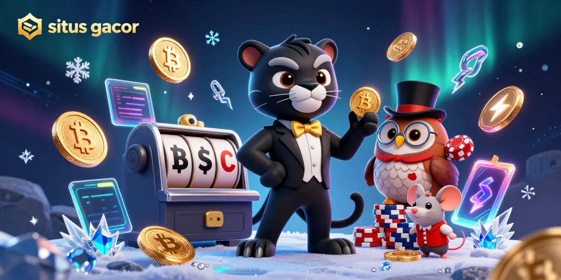 Experience thrilling wins at situs gacor with a vibrant 3D illustration of a stylish panther and friends dealing slots.