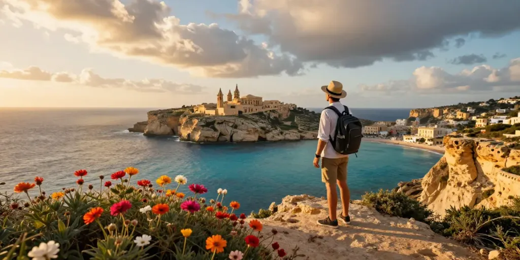 Experience a stunning Malta Gozo tour with a traveler overlooking the Mediterranean at sunset.