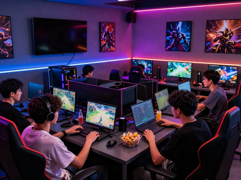 Friends enjoying a lively evening of online gaming in a modern lounge showcasing rokok88 alternatif.
