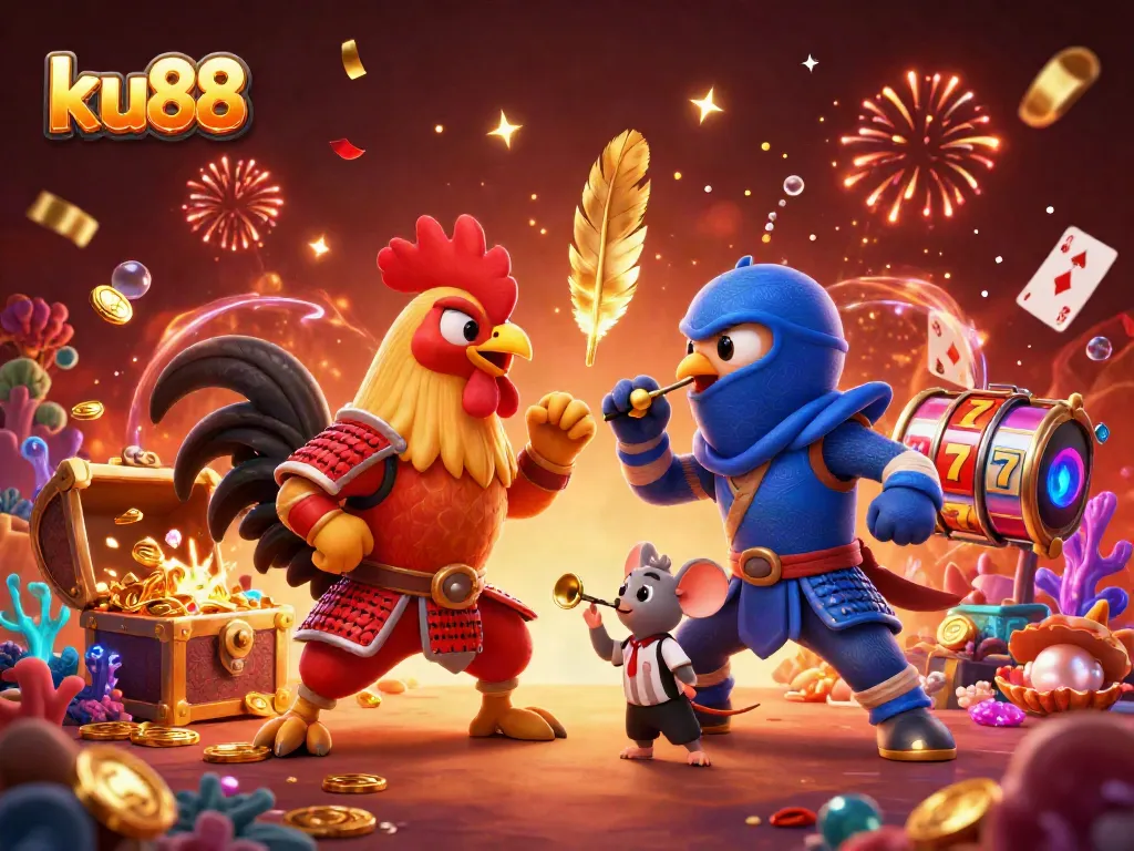 Engage with the exciting ku88 gaming showdown with roosters and vibrant casino elements.