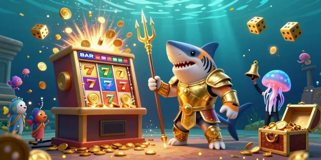 Engage with link slot gameplay featuring a tiger shark and slot machine in an underwater scene.