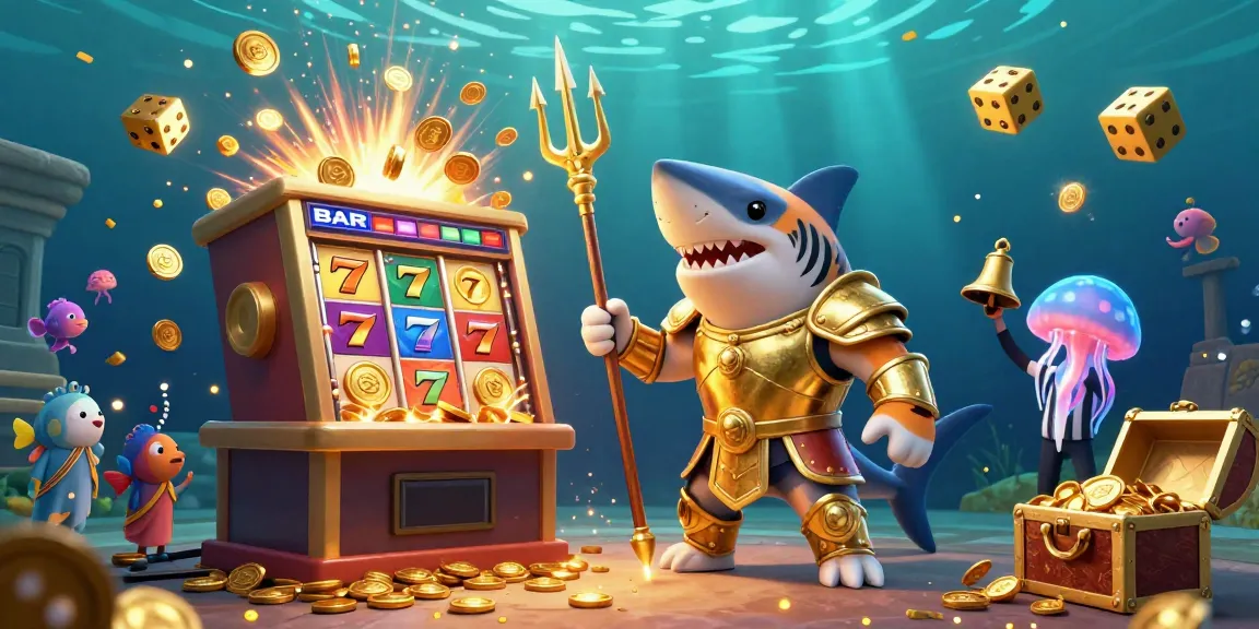 Engage with link slot gameplay featuring a tiger shark and slot machine in an underwater scene.