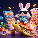 Experience the excitement at the best payout casino online with a lucky rabbit and golden turtle in a vibrant scene.