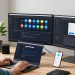 Efficient workspace focused on Telegram Download with multiple devices showcasing the app.