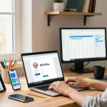 Download WPS Office on a laptop in a vibrant tech workspace